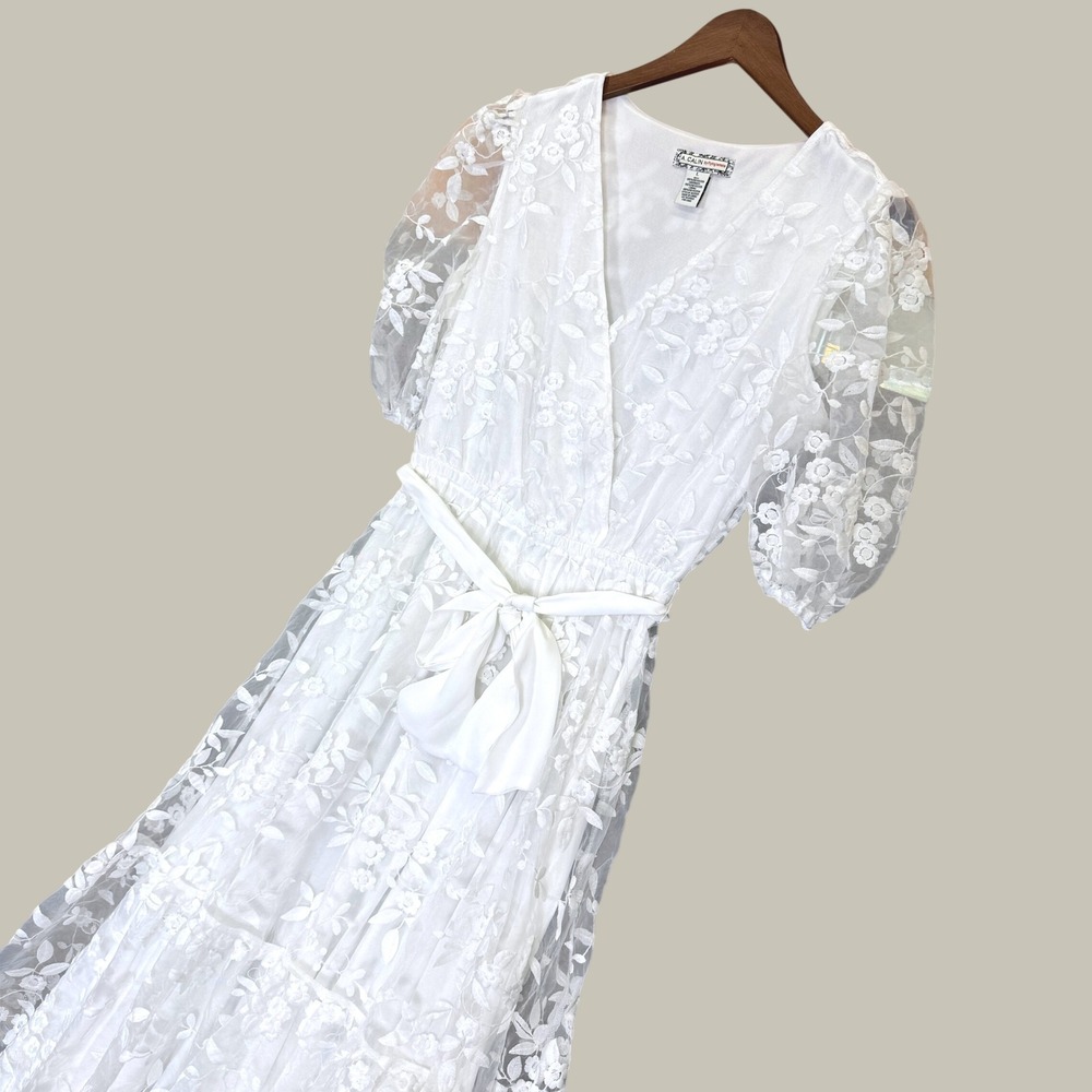 A. Calin Flying Tomato Dress Women L White Floral Embroidered Mesh Puff Sleeve